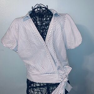 Milk & Honey Striped White and Brown V-Neck Faux Wrap Blouse. Ref 212